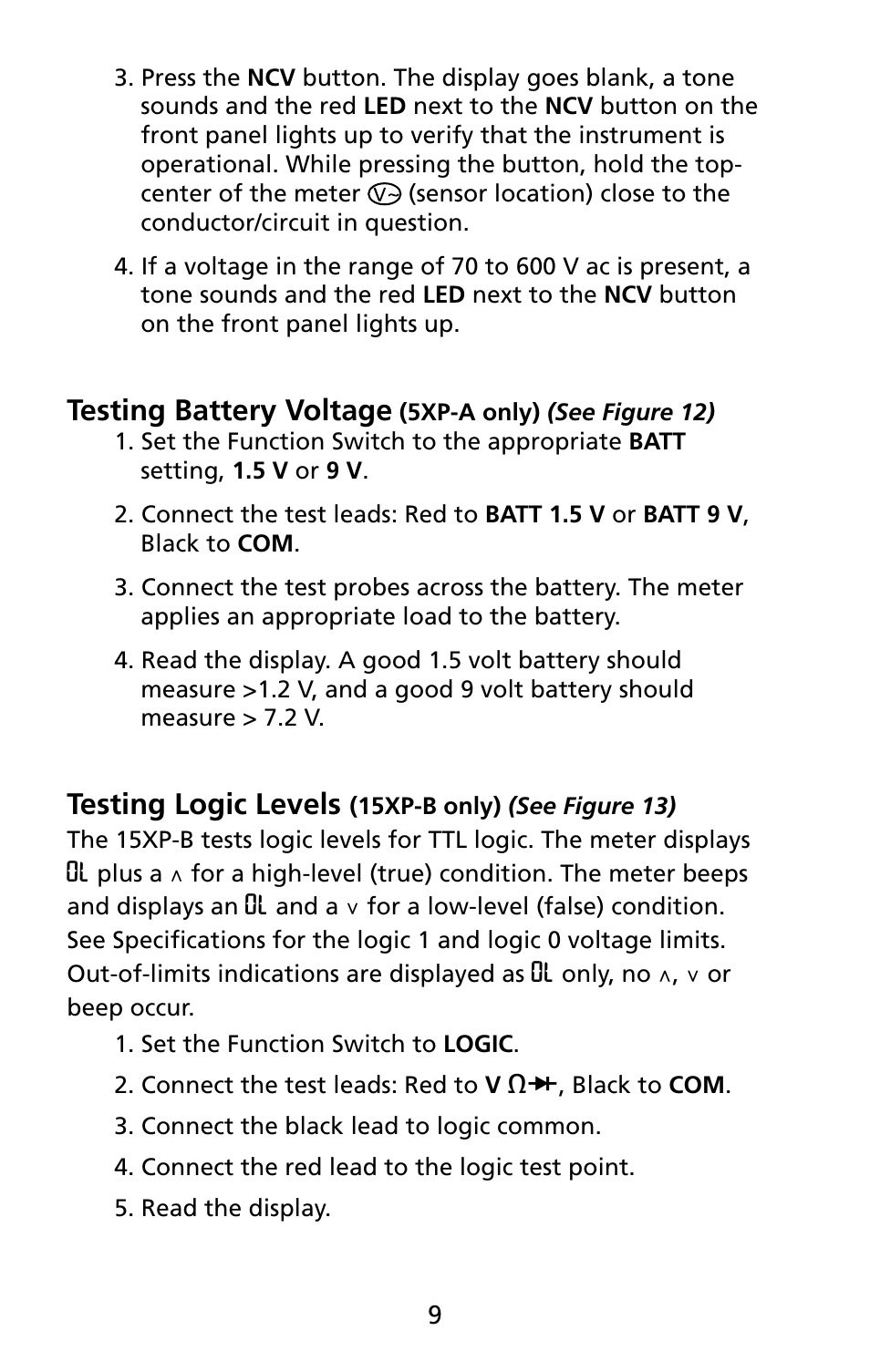 Testing battery voltage, Testing logic levels | Amprobe 5XP-A 15XP-A 35XP-A User Manual | Page 16 / 126