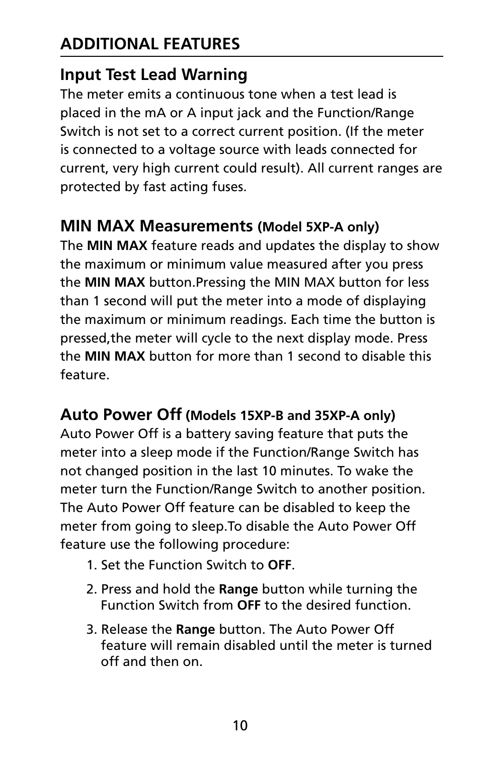 Additional features input test lead warning, Min max measurements, Auto power off | Amprobe 5XP-A 15XP-A 35XP-A User Manual | Page 17 / 126