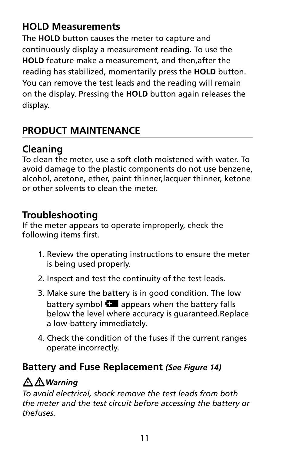 Hold measurements, Product maintenance cleaning, Troubleshooting | Battery and fuse replacement | Amprobe 5XP-A 15XP-A 35XP-A User Manual | Page 18 / 126