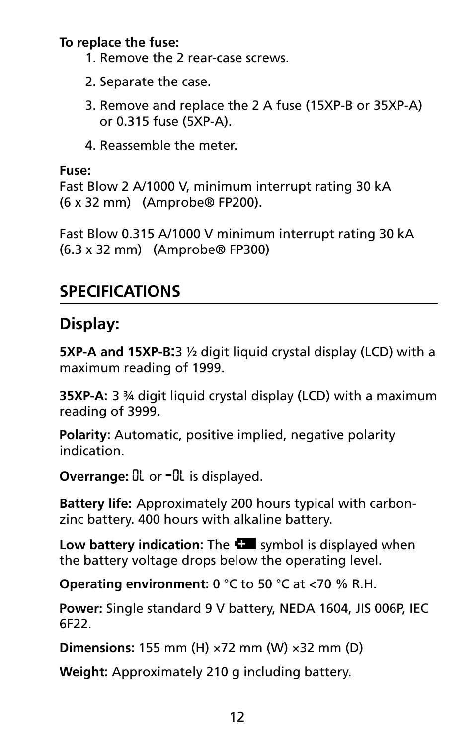 Specifications display | Amprobe 5XP-A 15XP-A 35XP-A User Manual | Page 19 / 126