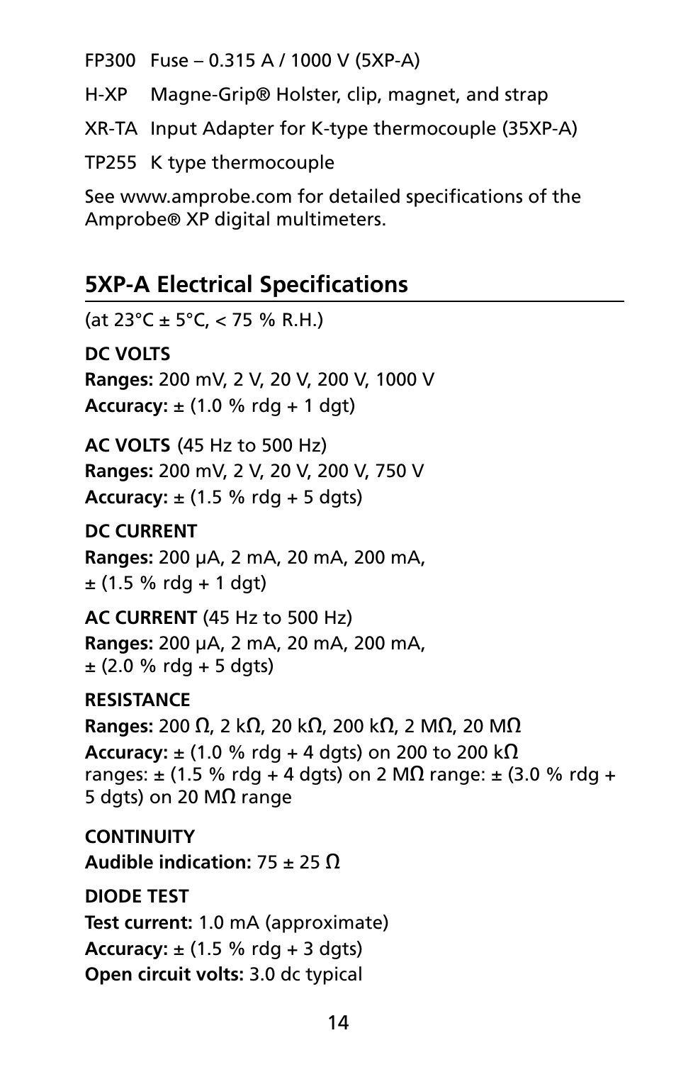 5xp-a electrical specifications | Amprobe 5XP-A 15XP-A 35XP-A User Manual | Page 21 / 126