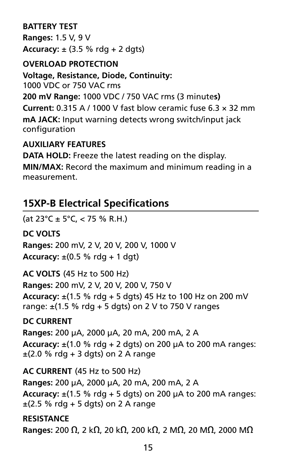 15xp-b electrical specifications | Amprobe 5XP-A 15XP-A 35XP-A User Manual | Page 22 / 126