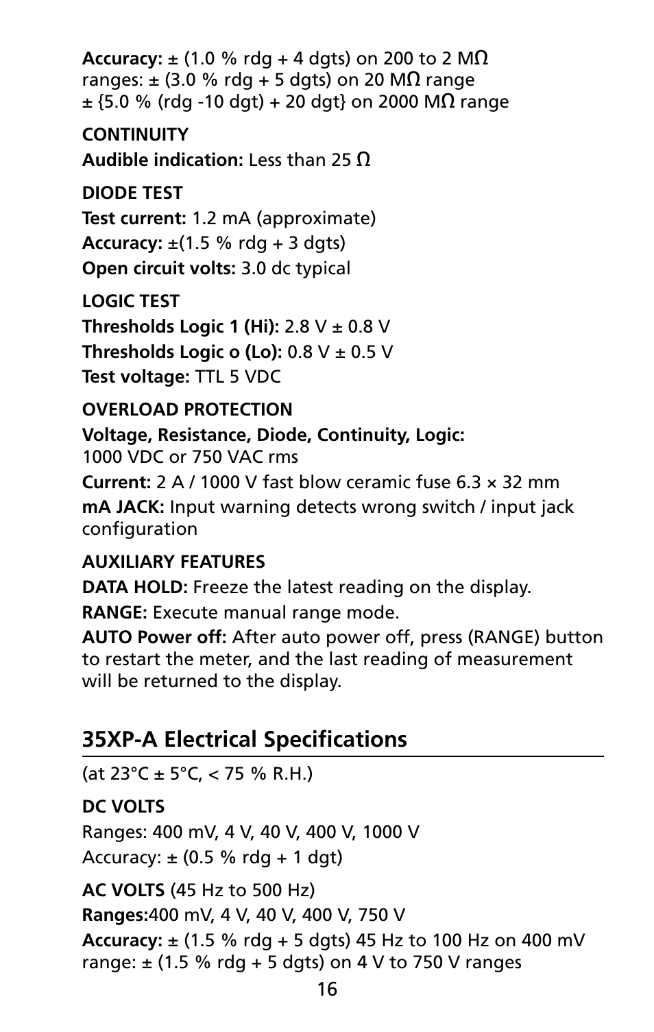 35xp-a electrical specifications | Amprobe 5XP-A 15XP-A 35XP-A User Manual | Page 23 / 126