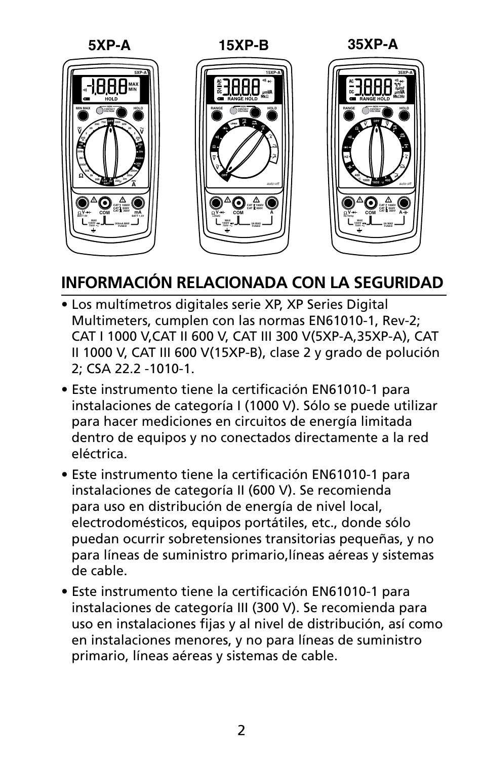 Información relacionada con la seguridad, 15xp-b, 5xp-a | 35xp-a | Amprobe 5XP-A 15XP-A 35XP-A User Manual | Page 37 / 126