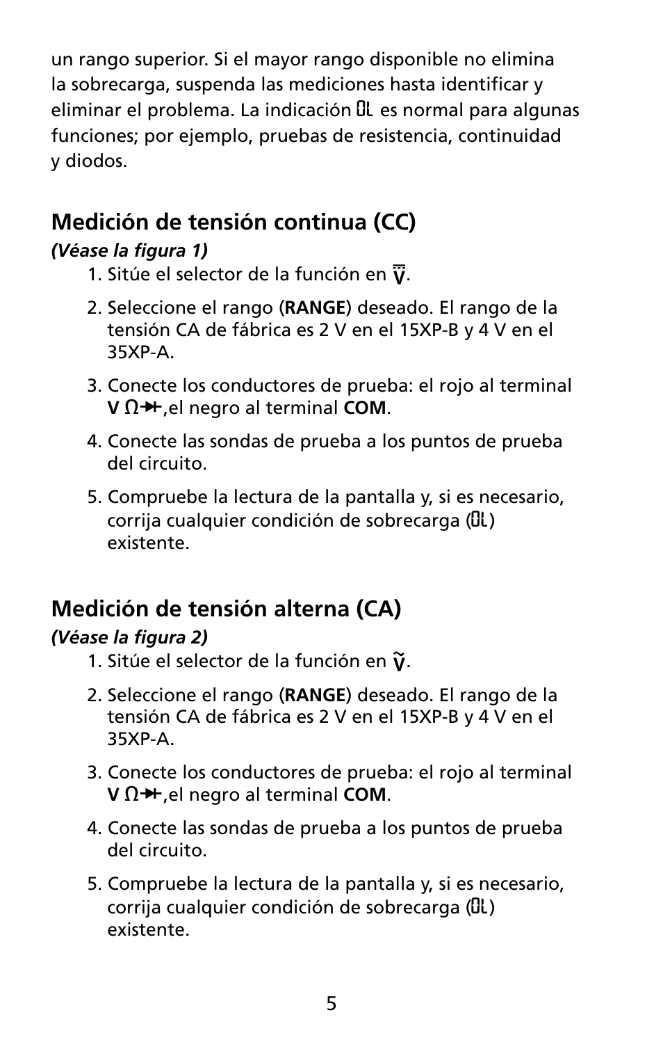 Medición de tensión continua (cc), Medición de tensión alterna (ca) | Amprobe 5XP-A 15XP-A 35XP-A User Manual | Page 40 / 126