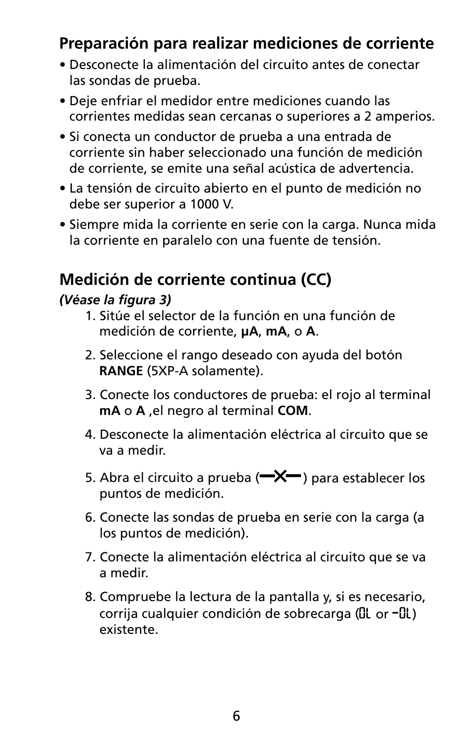 Preparación para realizar mediciones de corriente, Medición de corriente continua (cc) | Amprobe 5XP-A 15XP-A 35XP-A User Manual | Page 41 / 126