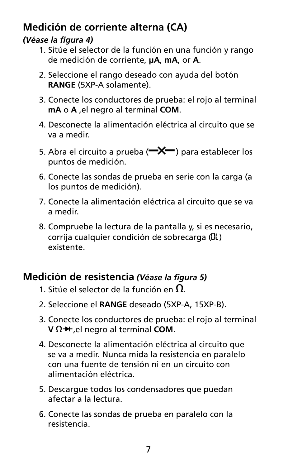 Medición de corriente alterna (ca), Medición de resistencia | Amprobe 5XP-A 15XP-A 35XP-A User Manual | Page 42 / 126