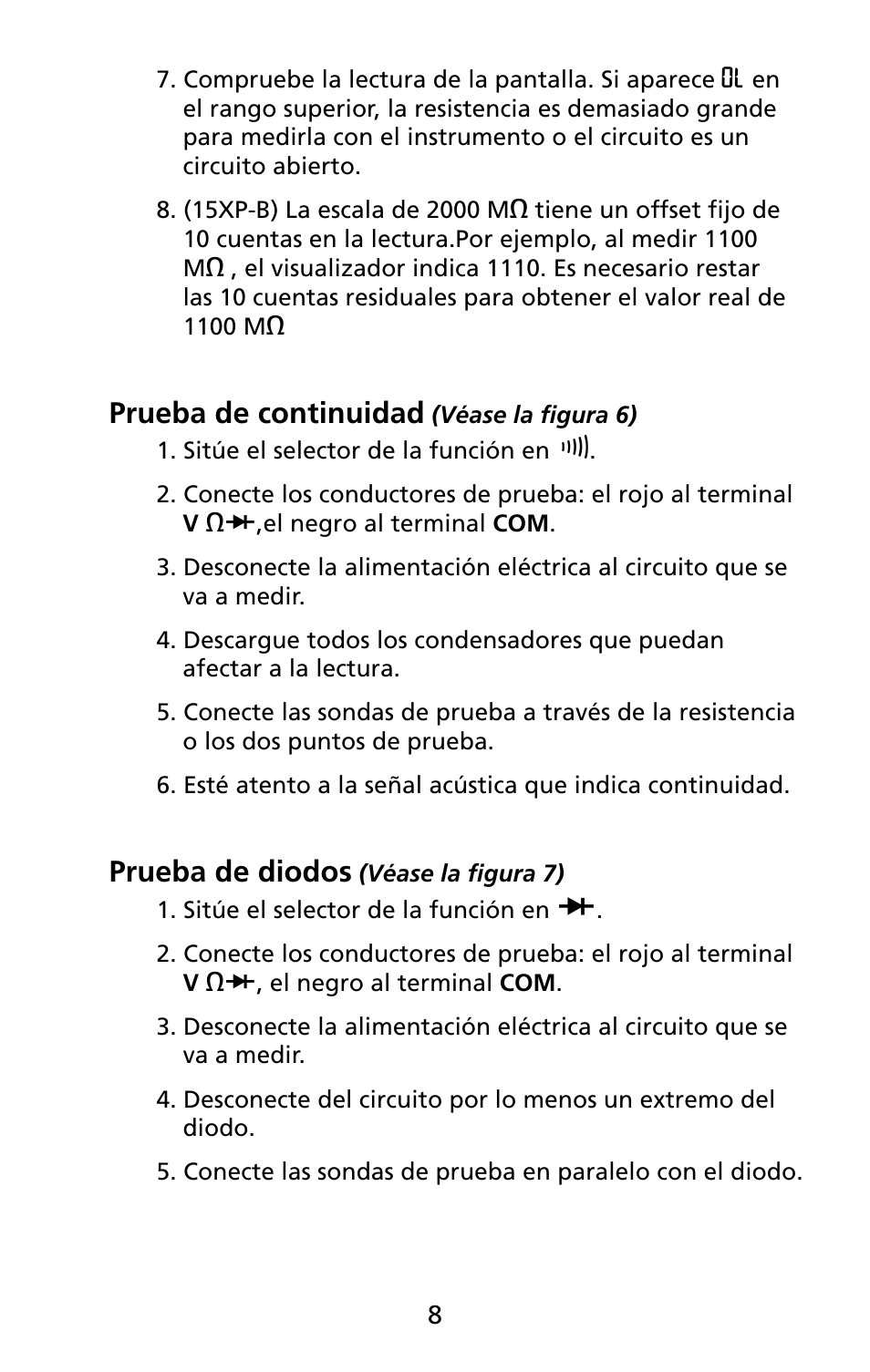 Prueba de continuidad, Prueba de diodos | Amprobe 5XP-A 15XP-A 35XP-A User Manual | Page 43 / 126