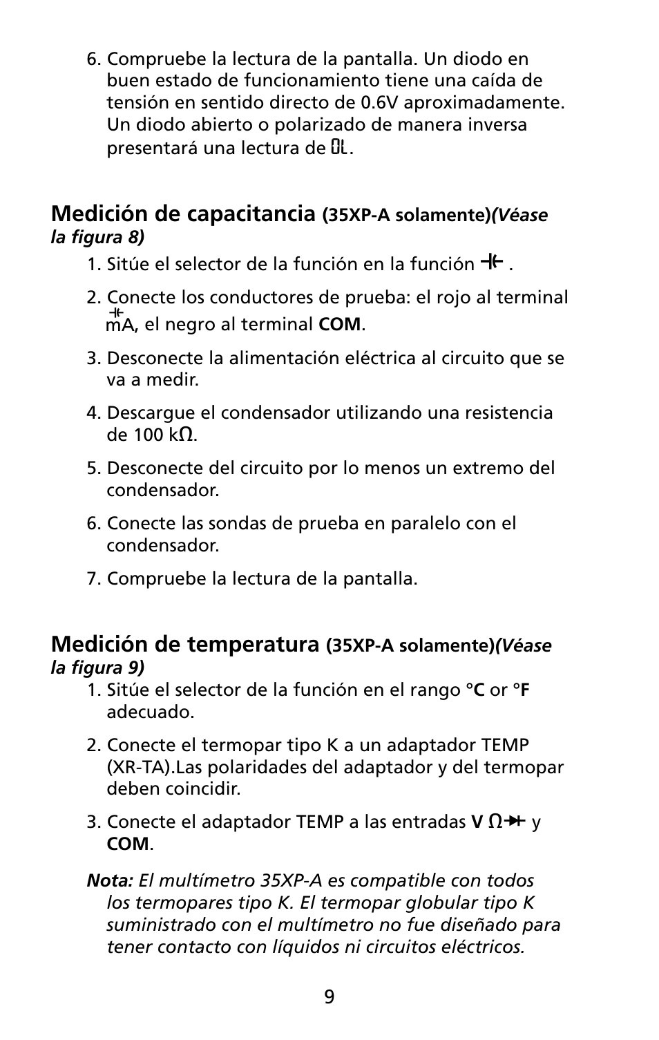 Medición de capacitancia, Medición de temperatura | Amprobe 5XP-A 15XP-A 35XP-A User Manual | Page 44 / 126