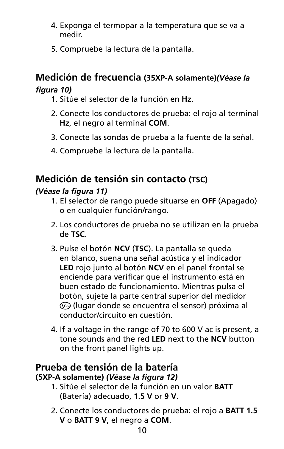 Medición de frecuencia, Medición de tensión sin contacto, Prueba de tensión de la batería | Amprobe 5XP-A 15XP-A 35XP-A User Manual | Page 45 / 126