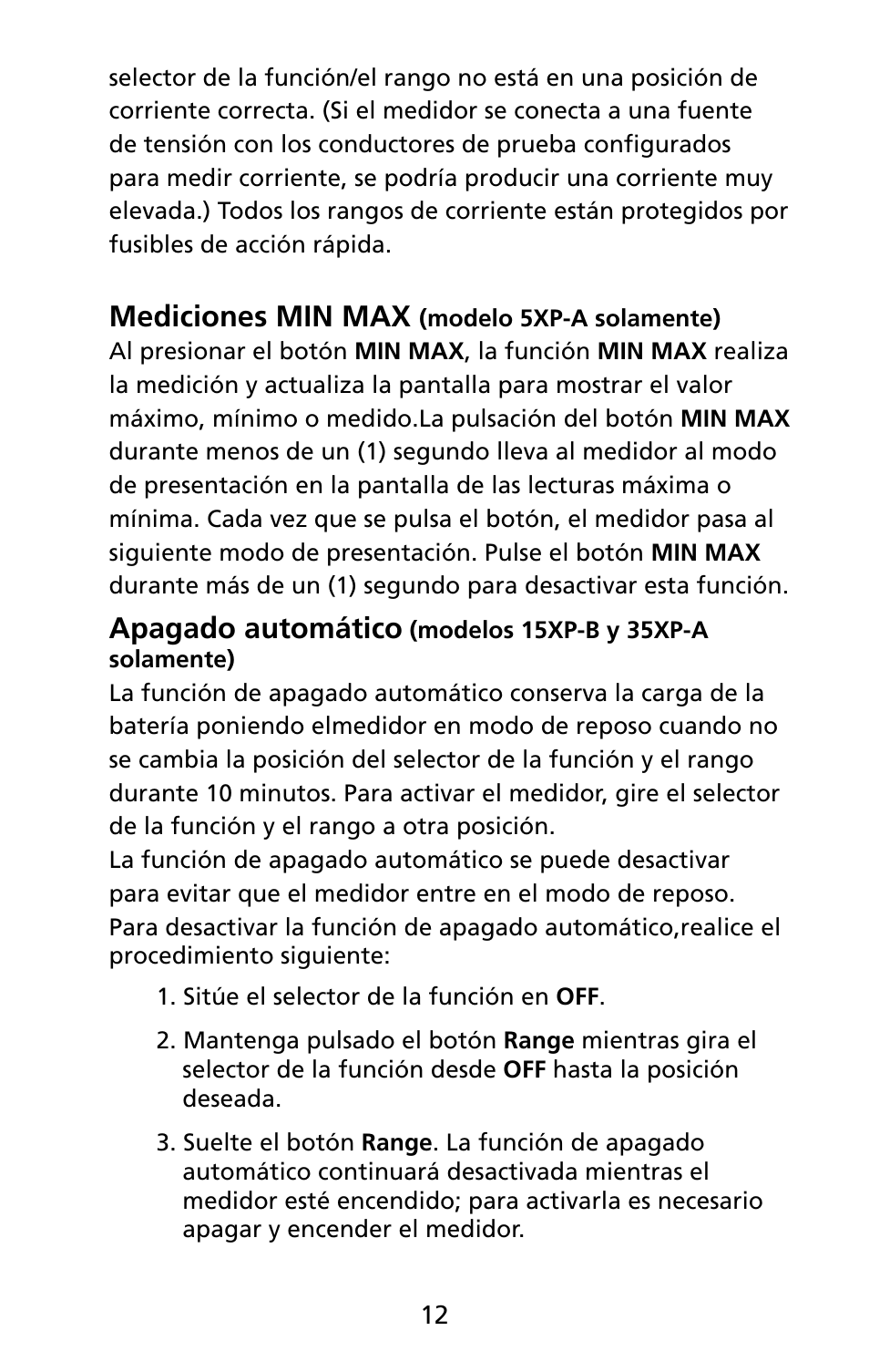 Mediciones min max, Apagado automático | Amprobe 5XP-A 15XP-A 35XP-A User Manual | Page 47 / 126