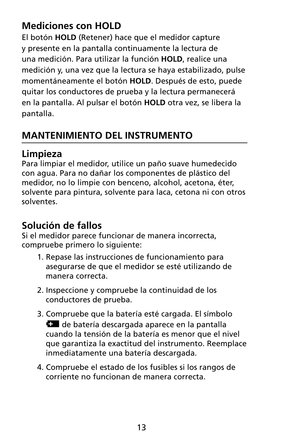 Mediciones con hold, Mantenimiento del instrumento limpieza, Solución de fallos | Amprobe 5XP-A 15XP-A 35XP-A User Manual | Page 48 / 126