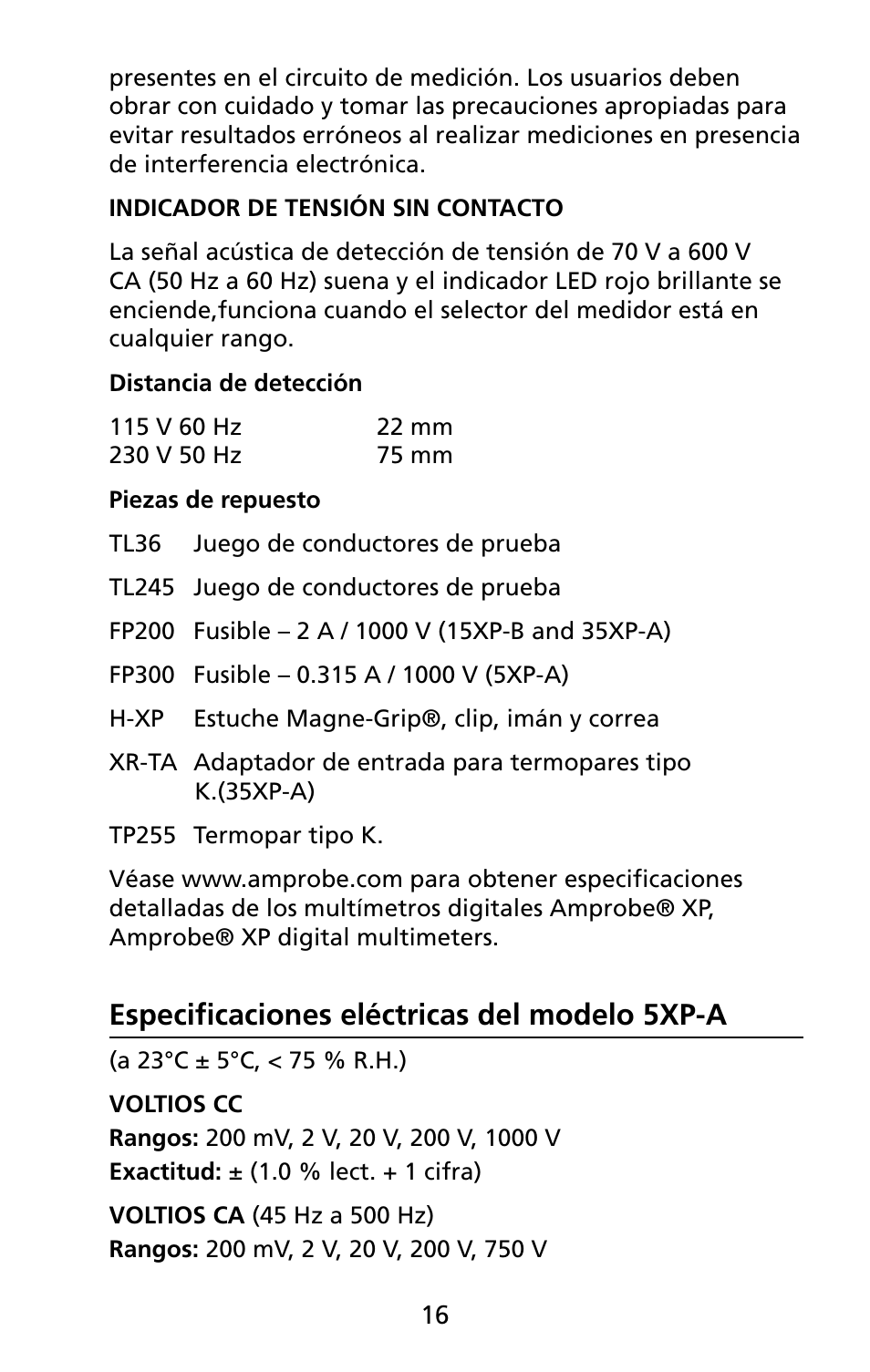 Especificaciones eléctricas del modelo 5xp-a | Amprobe 5XP-A 15XP-A 35XP-A User Manual | Page 51 / 126