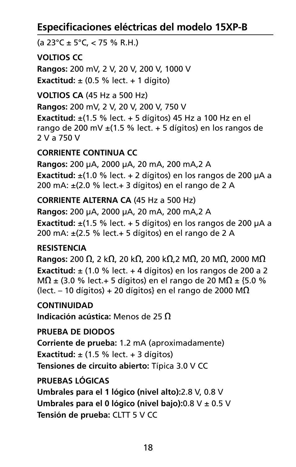 Especificaciones eléctricas del modelo 15xp-b | Amprobe 5XP-A 15XP-A 35XP-A User Manual | Page 53 / 126