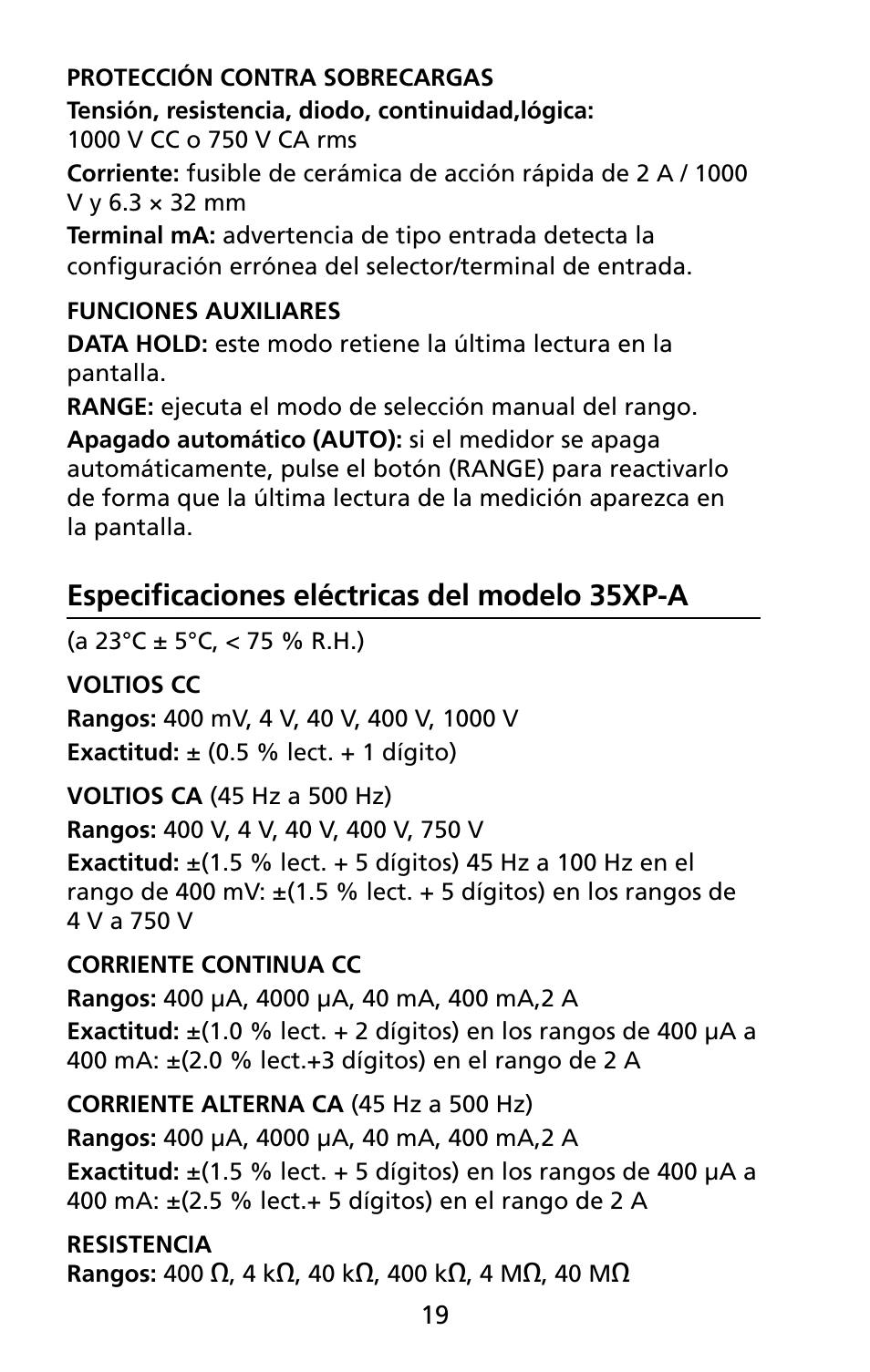 Especificaciones eléctricas del modelo 35xp-a | Amprobe 5XP-A 15XP-A 35XP-A User Manual | Page 54 / 126