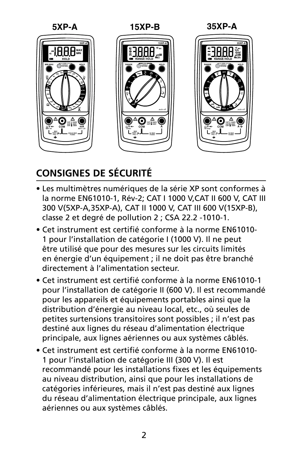 Consignes de sécurité, 15xp-b, 5xp-a | 35xp-a | Amprobe 5XP-A 15XP-A 35XP-A User Manual | Page 61 / 126