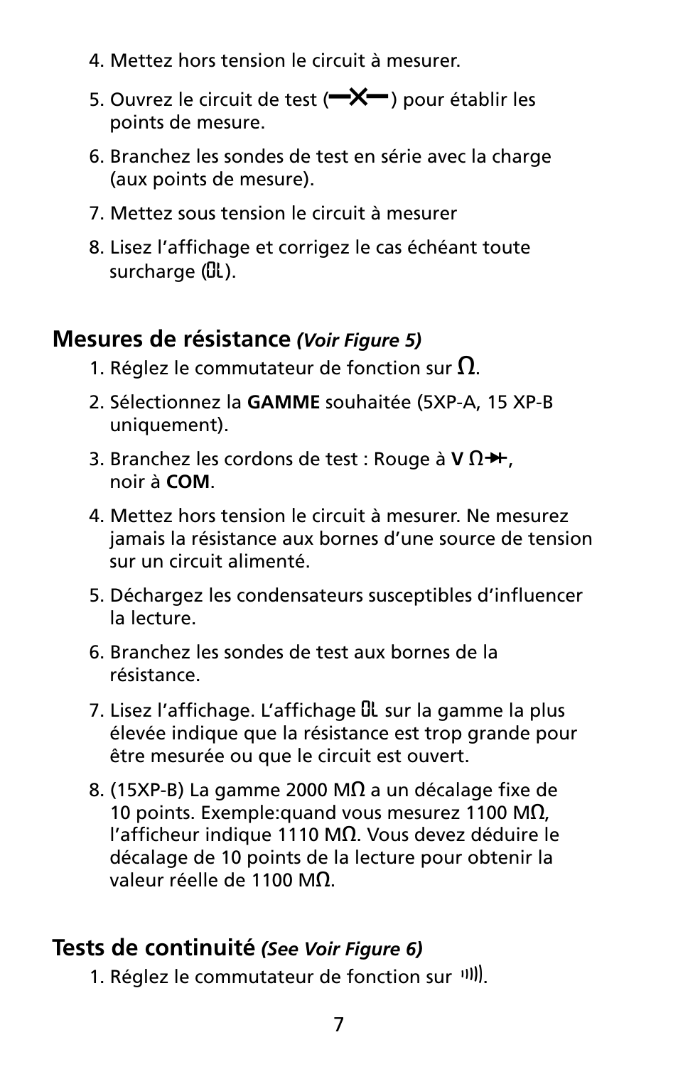 Mesures de résistance, Tests de continuité | Amprobe 5XP-A 15XP-A 35XP-A User Manual | Page 66 / 126