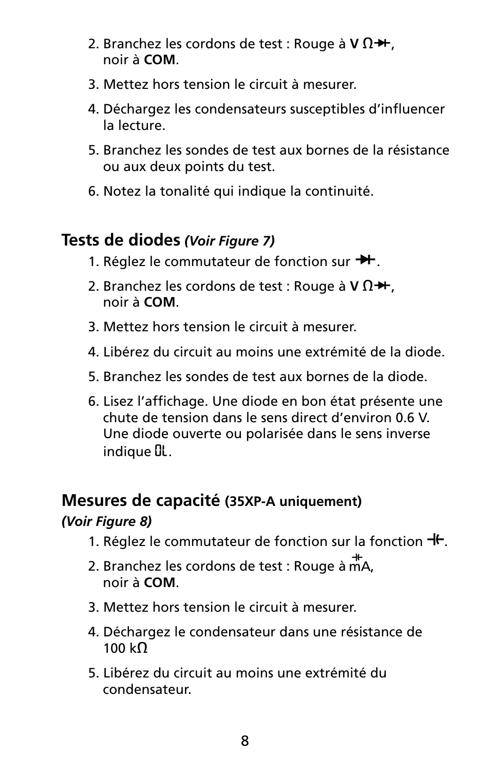 Tests de diodes, Mesures de capacité | Amprobe 5XP-A 15XP-A 35XP-A User Manual | Page 67 / 126