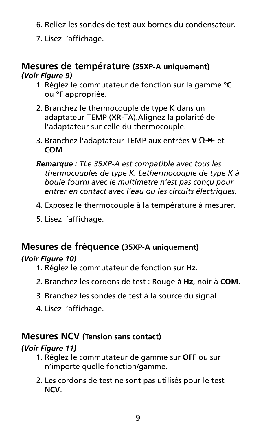 Mesures de température, Mesures de fréquence, Mesures ncv | Amprobe 5XP-A 15XP-A 35XP-A User Manual | Page 68 / 126