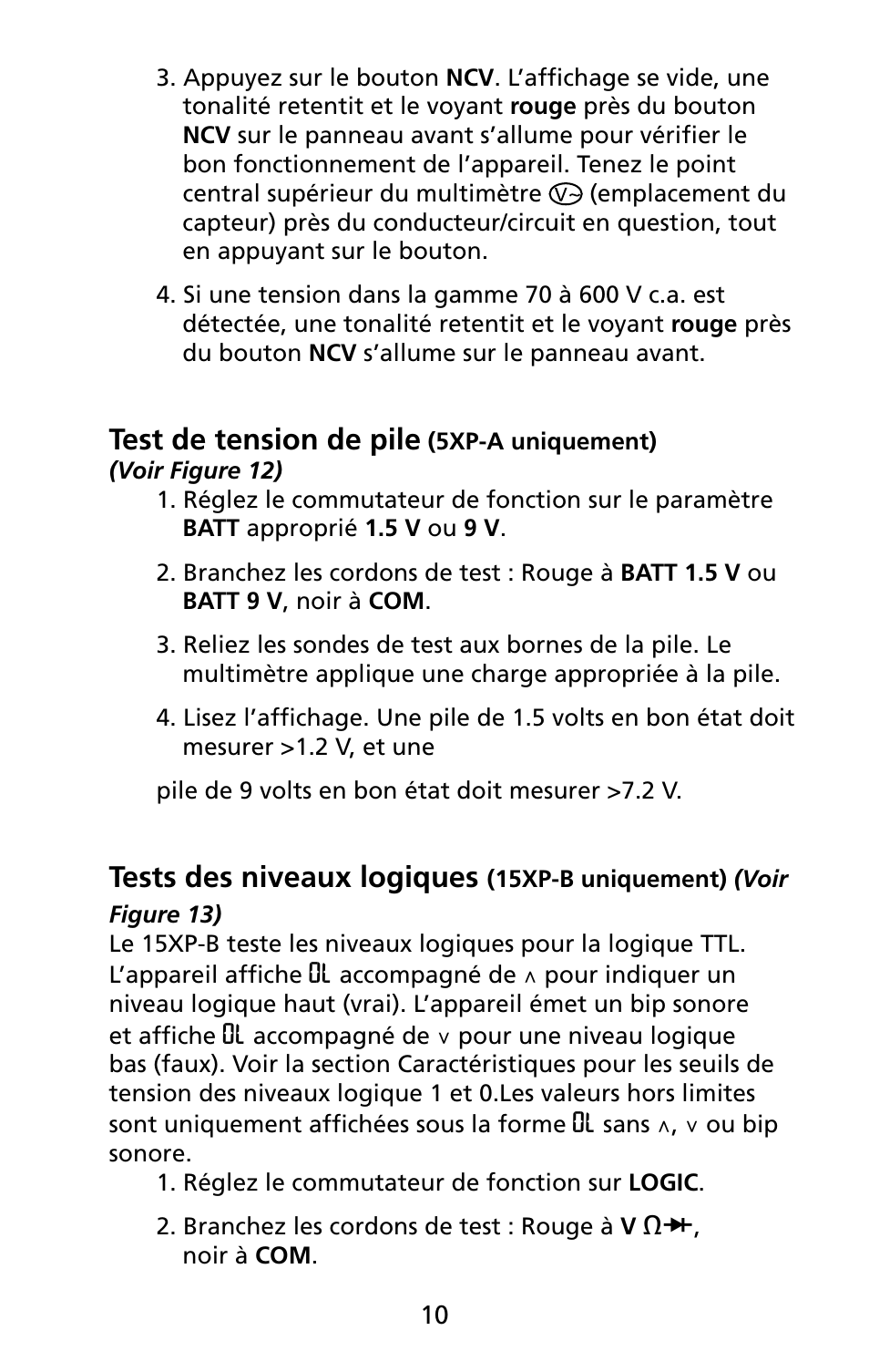 Test de tension de pile, Tests des niveaux logiques | Amprobe 5XP-A 15XP-A 35XP-A User Manual | Page 69 / 126