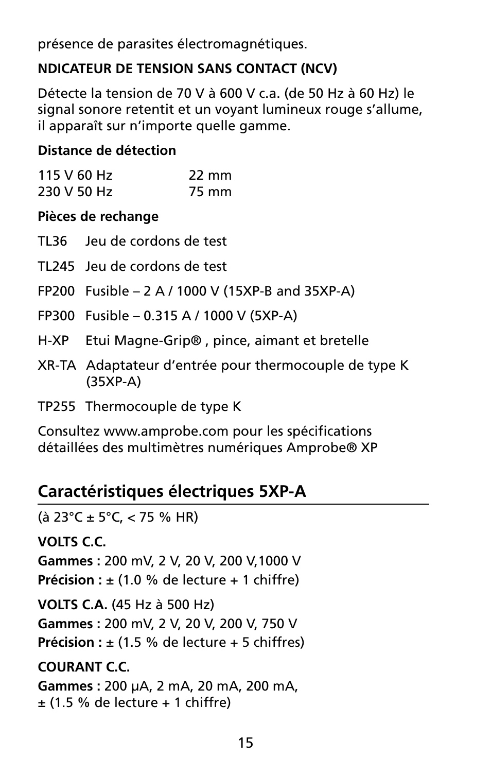 Caractéristiques électriques 5xp-a | Amprobe 5XP-A 15XP-A 35XP-A User Manual | Page 74 / 126