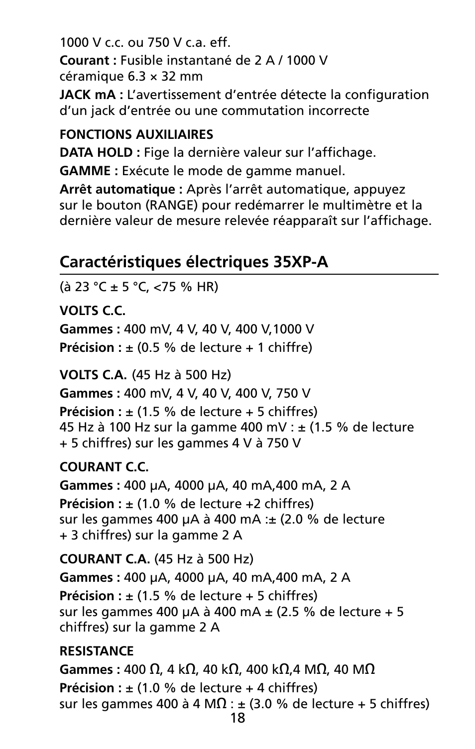 Caractéristiques électriques 35xp-a | Amprobe 5XP-A 15XP-A 35XP-A User Manual | Page 77 / 126