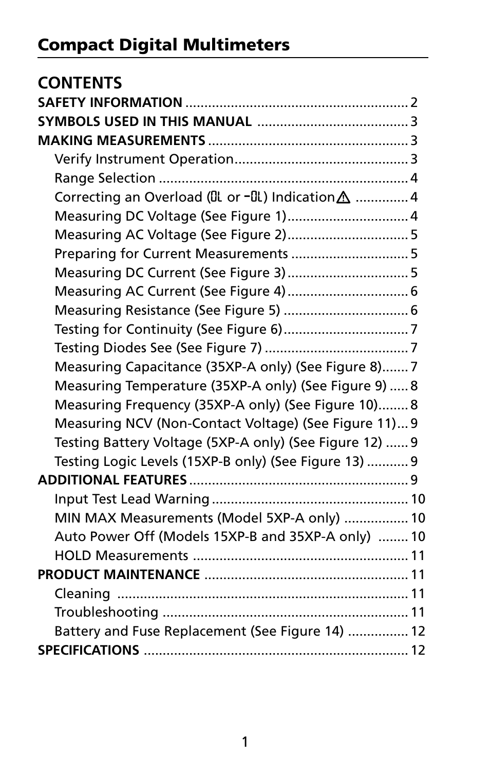 Compact digital multimeters contents | Amprobe 5XP-A 15XP-A 35XP-A User Manual | Page 8 / 126