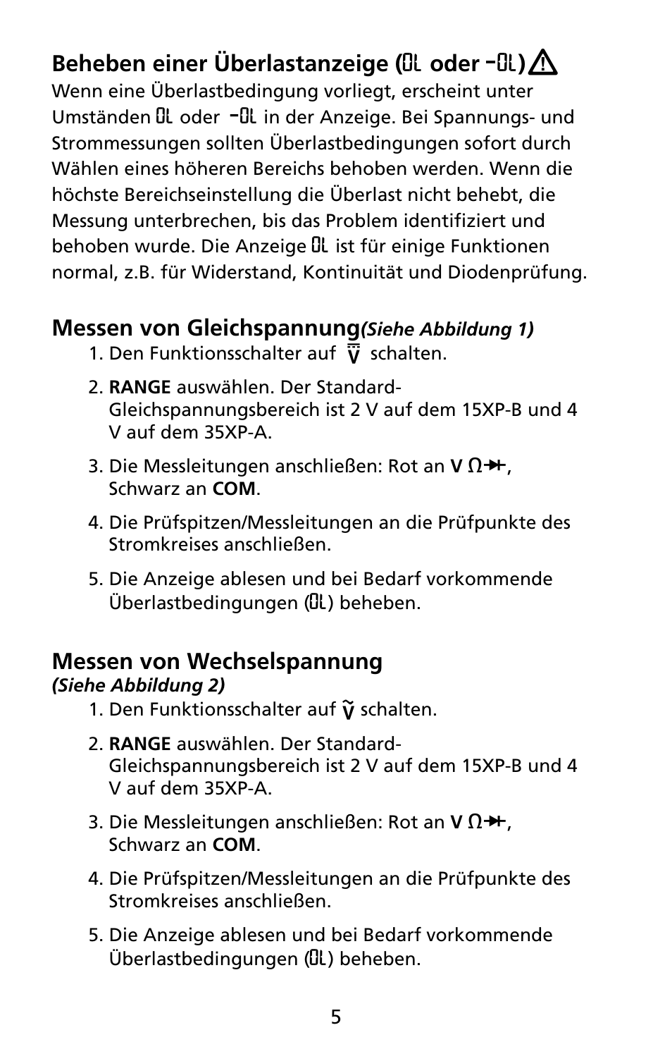 Beheben einer überlastanzeige (0o oder -0o), Messen von gleichspannung, Messen von wechselspannung | Amprobe 5XP-A 15XP-A 35XP-A User Manual | Page 86 / 126