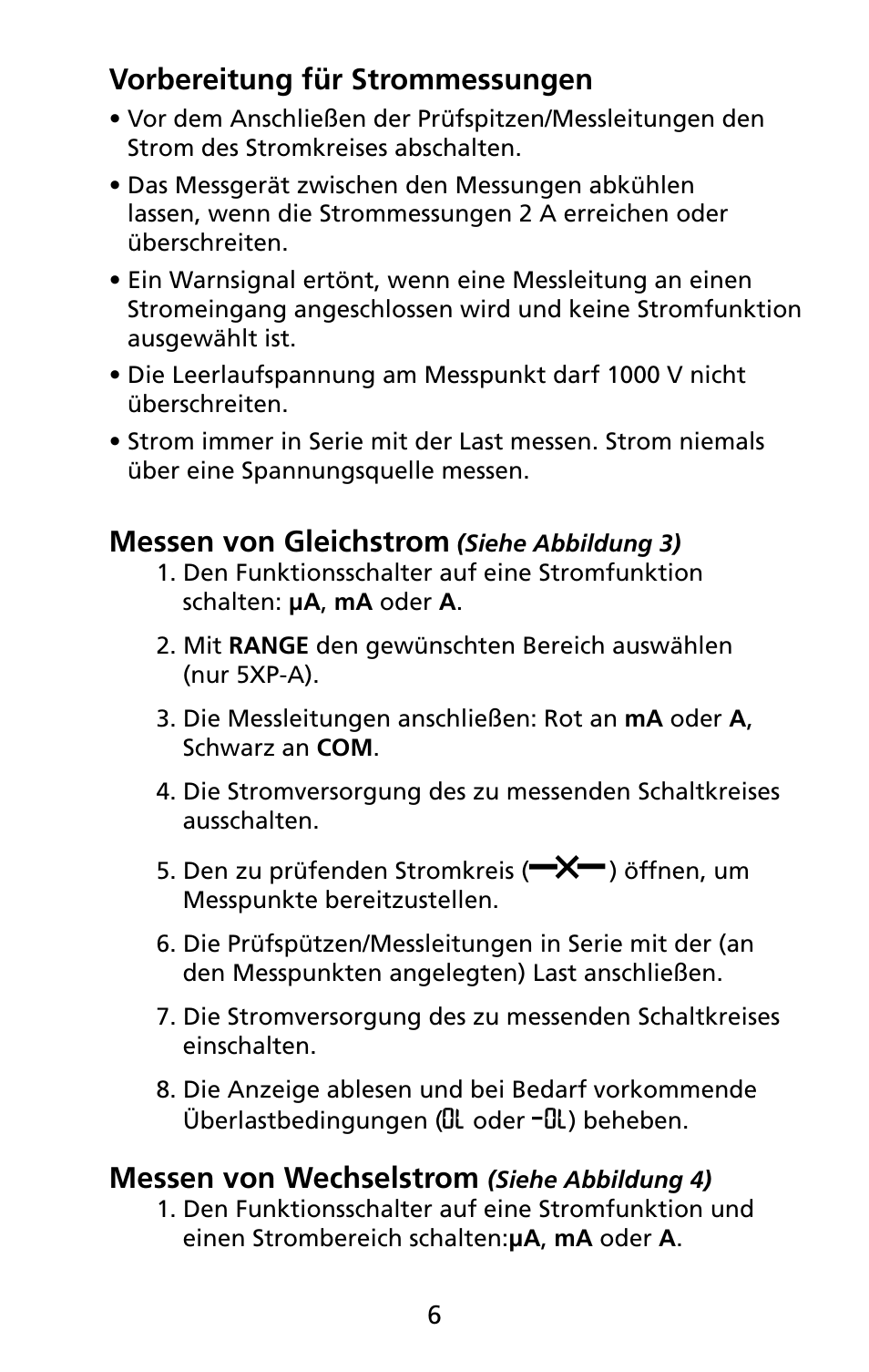 Vorbereitung für strommessungen, Messen von gleichstrom, Messen von wechselstrom | Amprobe 5XP-A 15XP-A 35XP-A User Manual | Page 87 / 126