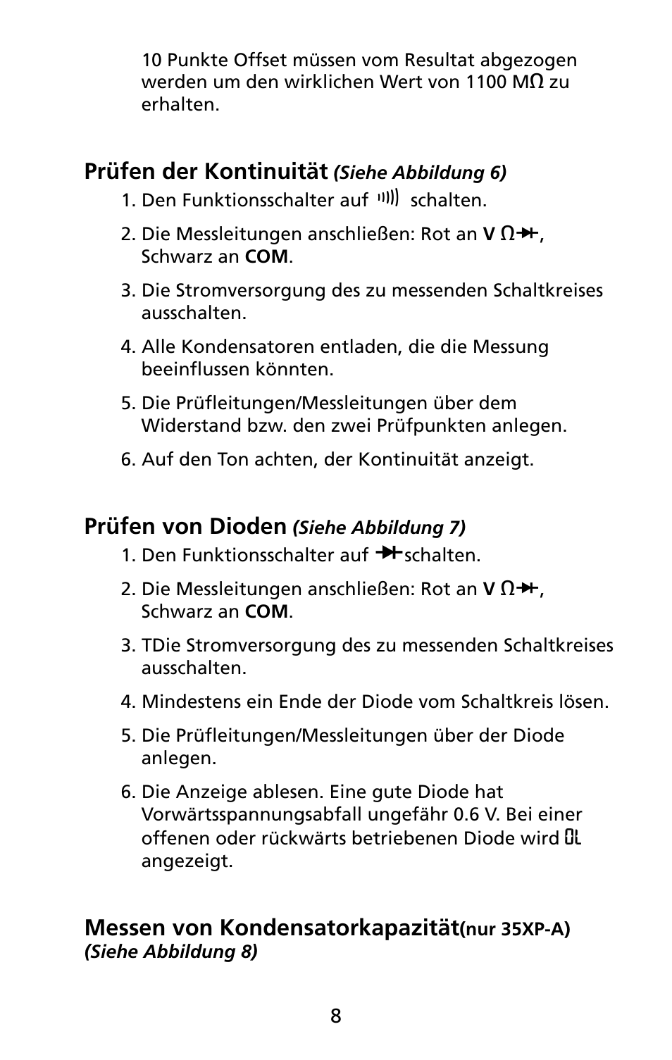 Prüfen der kontinuität, Prüfen von dioden, Messen von kondensatorkapazität | Amprobe 5XP-A 15XP-A 35XP-A User Manual | Page 89 / 126