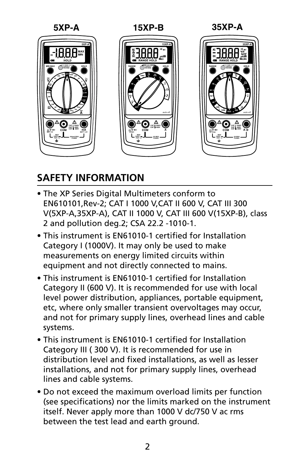Safety information, 15xp-b, 5xp-a | 35xp-a | Amprobe 5XP-A 15XP-A 35XP-A User Manual | Page 9 / 126