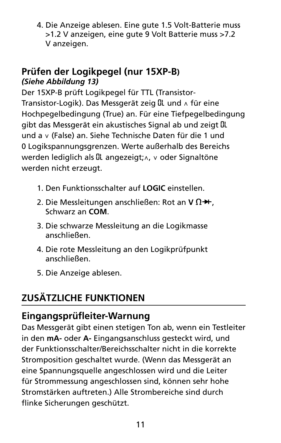 Prüfen der logikpegel (nur 15xp-b, Zusätzliche funktionen eingangsprüfleiter-warnung | Amprobe 5XP-A 15XP-A 35XP-A User Manual | Page 92 / 126