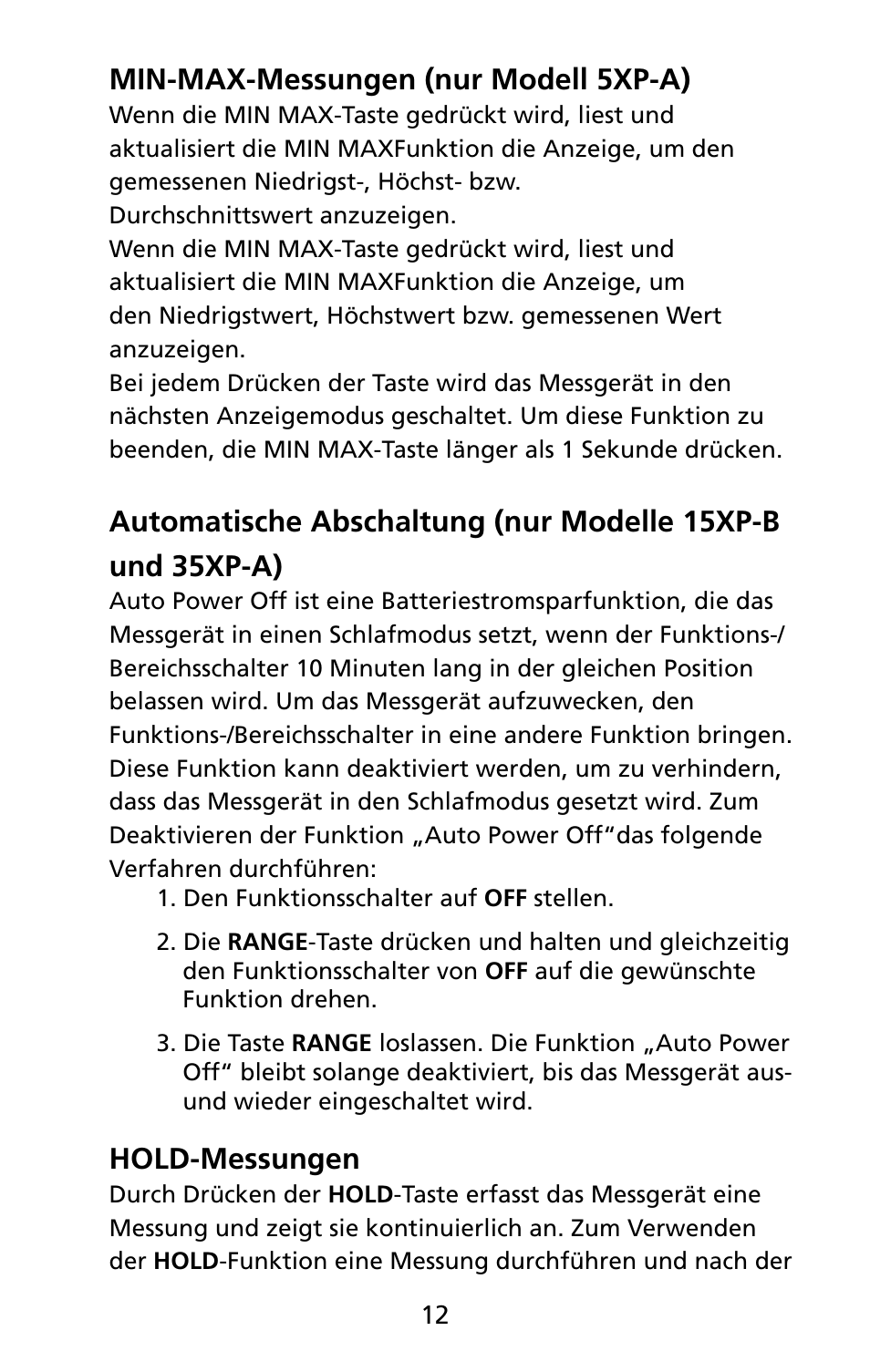 Min-max-messungen (nur modell 5xp-a), Hold-messungen | Amprobe 5XP-A 15XP-A 35XP-A User Manual | Page 93 / 126