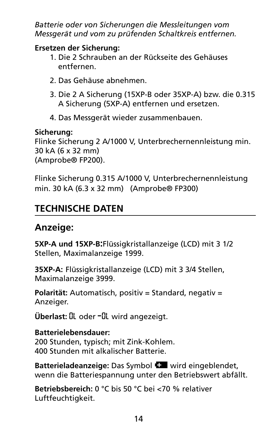 Technische daten anzeige | Amprobe 5XP-A 15XP-A 35XP-A User Manual | Page 95 / 126