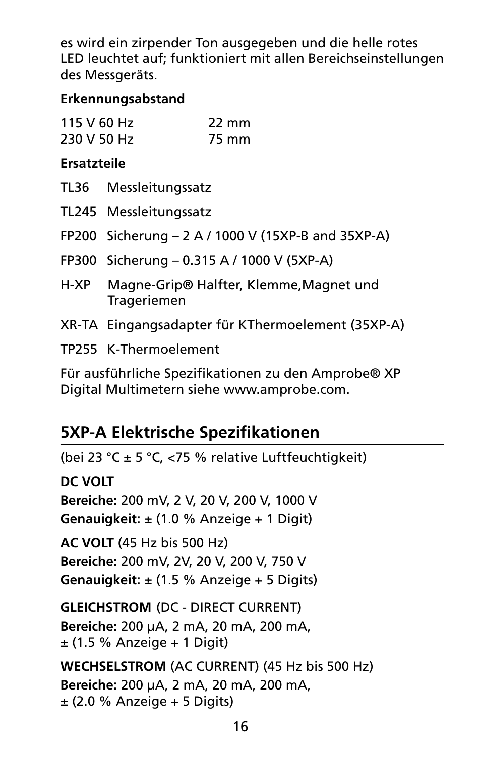 5xp-a elektrische spezifikationen | Amprobe 5XP-A 15XP-A 35XP-A User Manual | Page 97 / 126