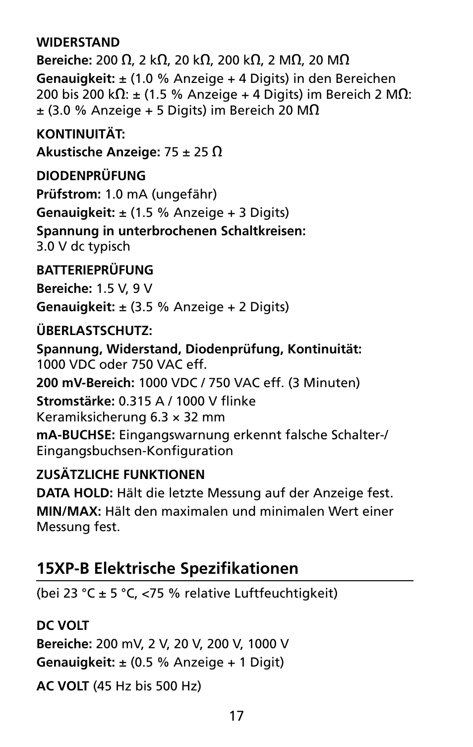 15xp-b elektrische spezifikationen | Amprobe 5XP-A 15XP-A 35XP-A User Manual | Page 98 / 126