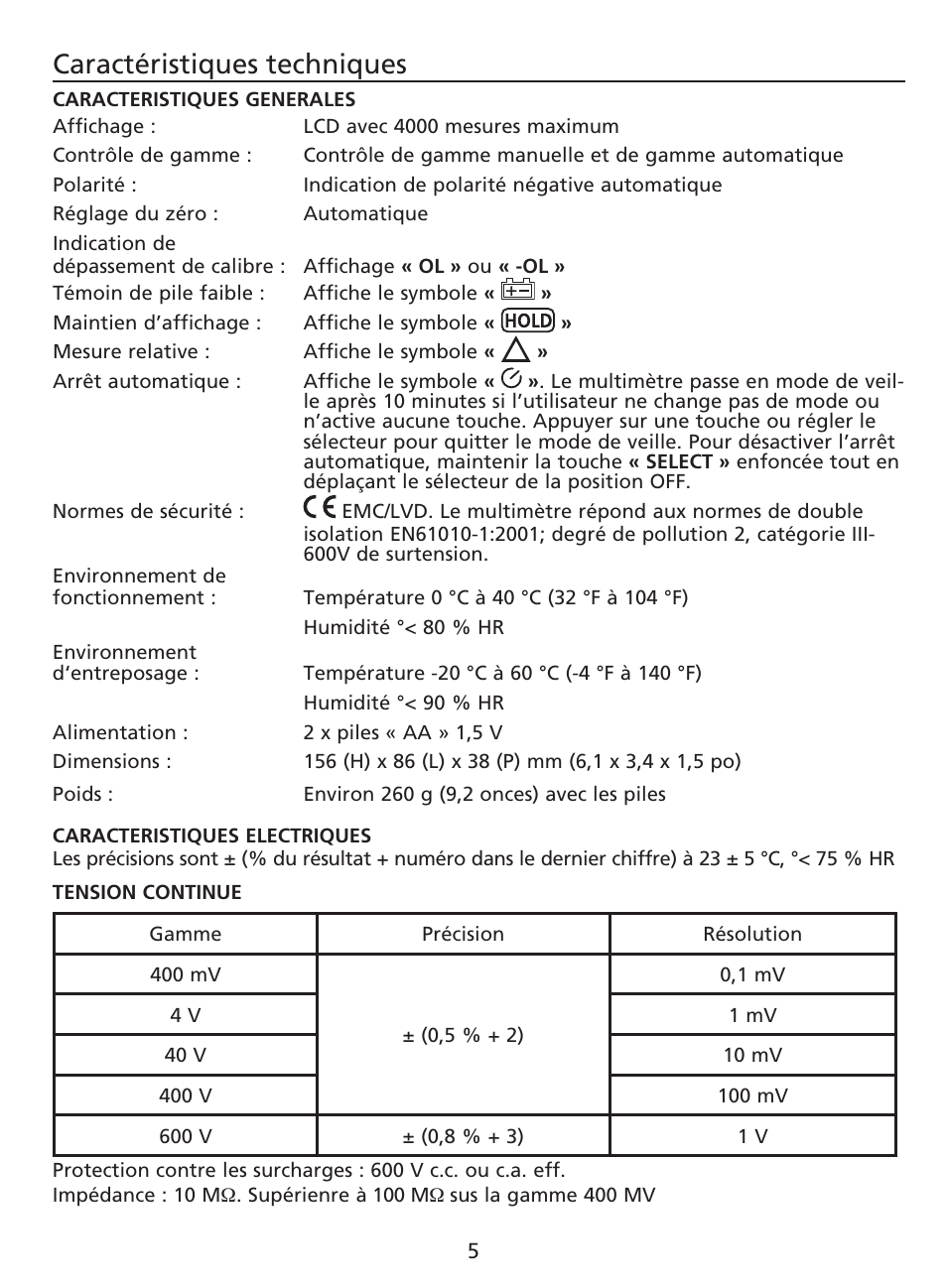 Caractéristiques techniques | Amprobe AM-220 Digital-Multimeters User Manual | Page 19 / 75