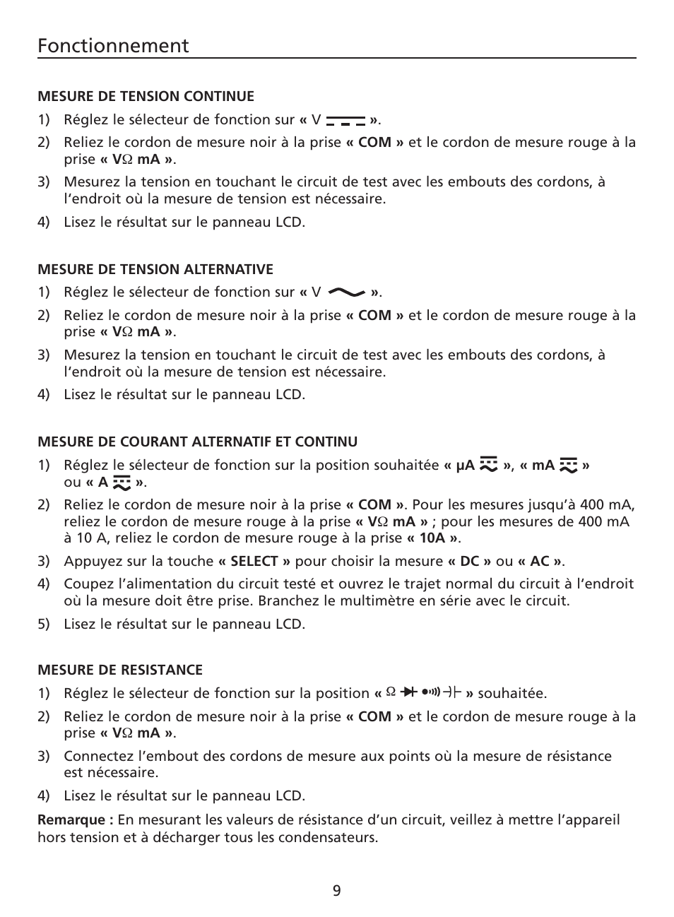 Fonctionnement | Amprobe AM-220 Digital-Multimeters User Manual | Page 23 / 75
