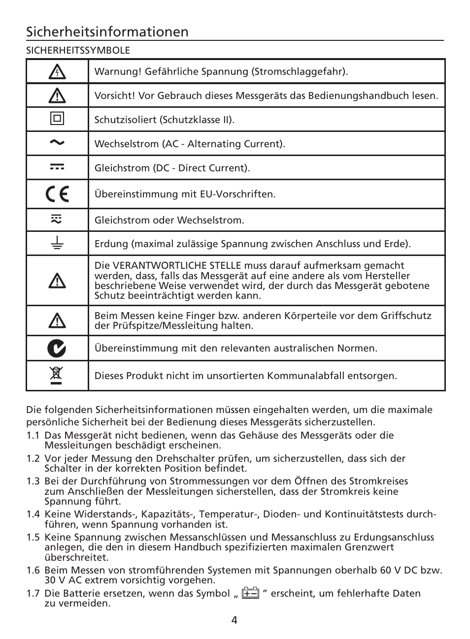 Sicherheitsinformationen | Amprobe AM-220 Digital-Multimeters User Manual | Page 30 / 75