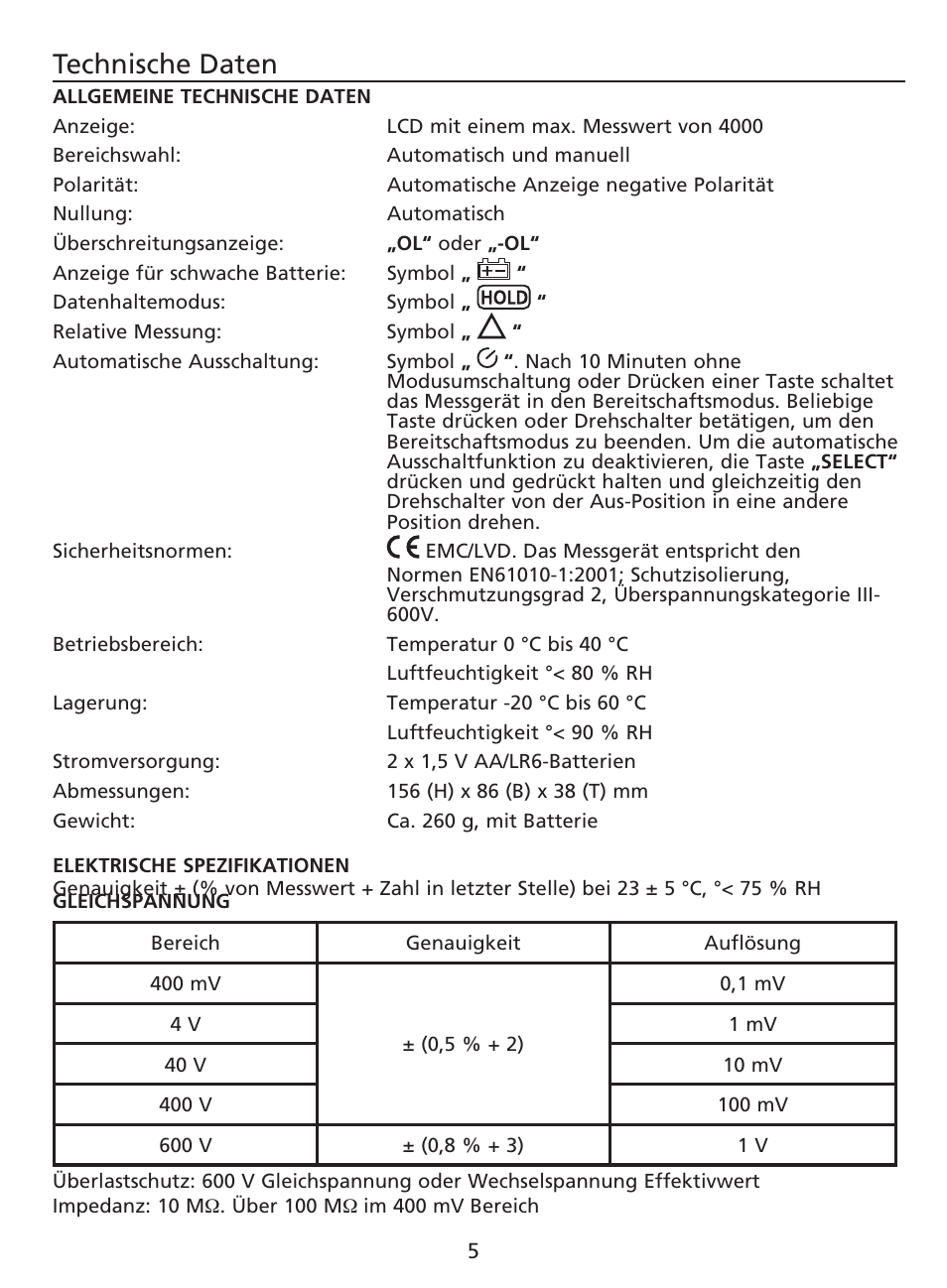 Technische daten | Amprobe AM-220 Digital-Multimeters User Manual | Page 31 / 75