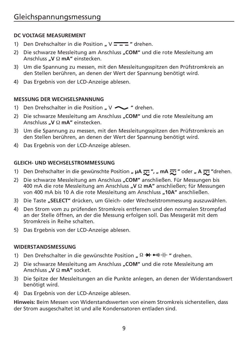 Gleichspannungsmessung | Amprobe AM-220 Digital-Multimeters User Manual | Page 35 / 75