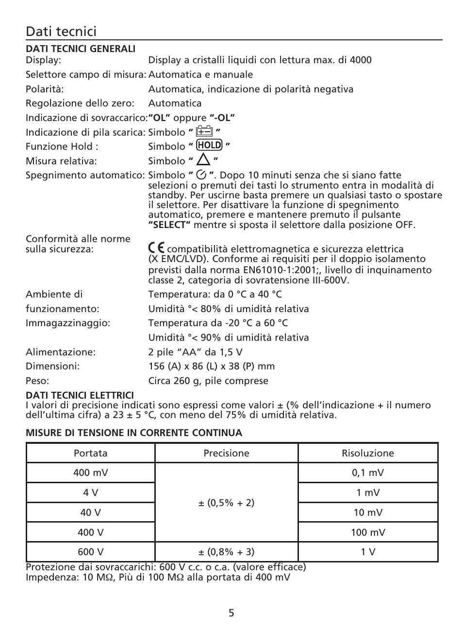 Dati tecnici | Amprobe AM-220 Digital-Multimeters User Manual | Page 43 / 75