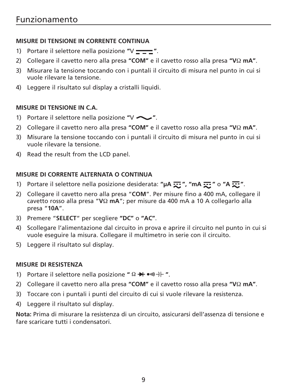 Funzionamento | Amprobe AM-220 Digital-Multimeters User Manual | Page 47 / 75