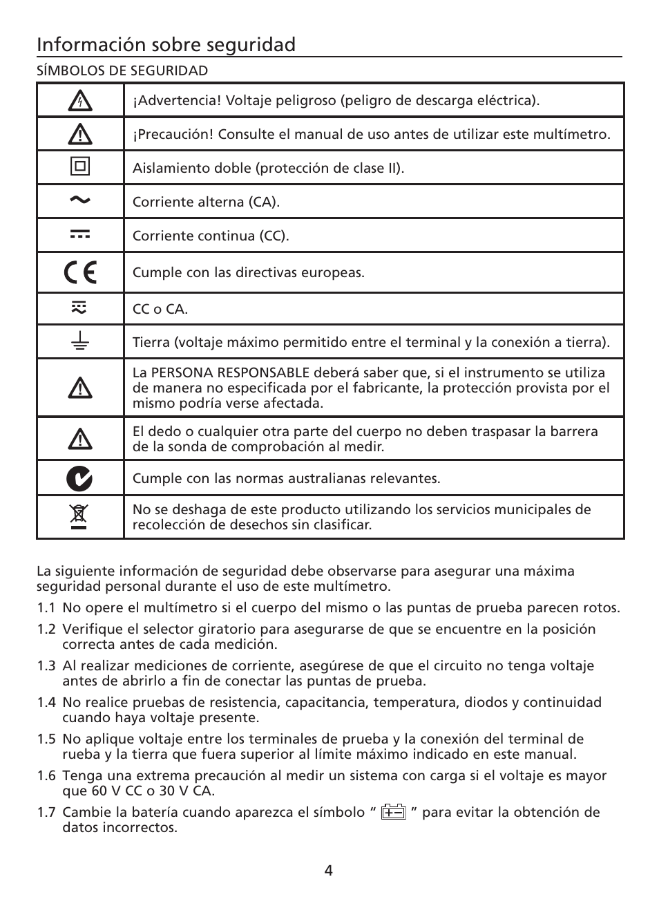Información sobre seguridad | Amprobe AM-220 Digital-Multimeters User Manual | Page 54 / 75