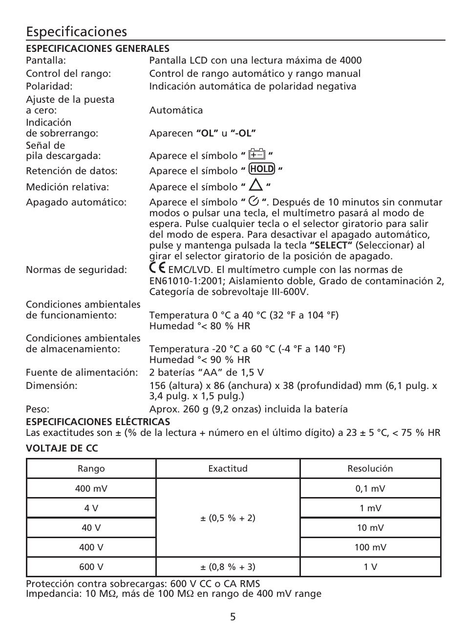 Especificaciones | Amprobe AM-220 Digital-Multimeters User Manual | Page 55 / 75