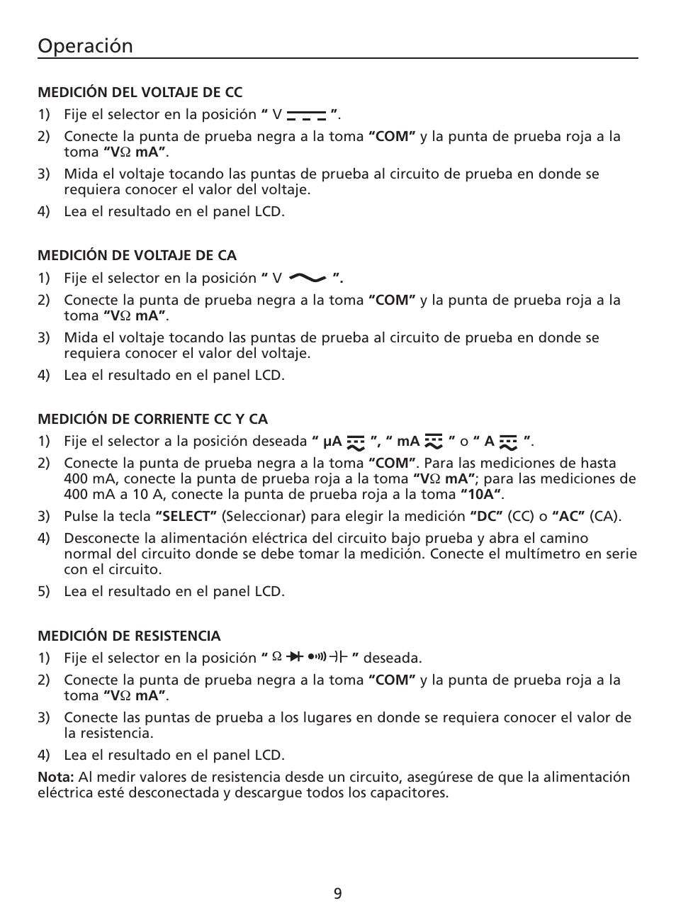 Operación | Amprobe AM-220 Digital-Multimeters User Manual | Page 59 / 75