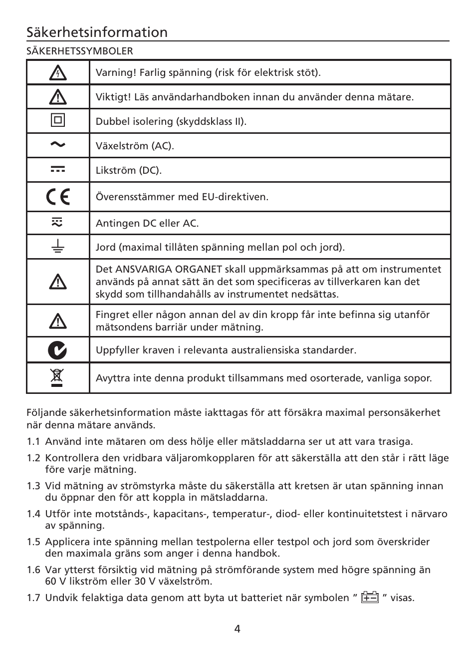 Säkerhetsinformation | Amprobe AM-220 Digital-Multimeters User Manual | Page 66 / 75
