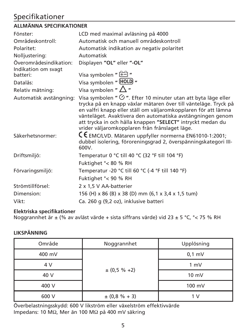 Specifikationer | Amprobe AM-220 Digital-Multimeters User Manual | Page 67 / 75
