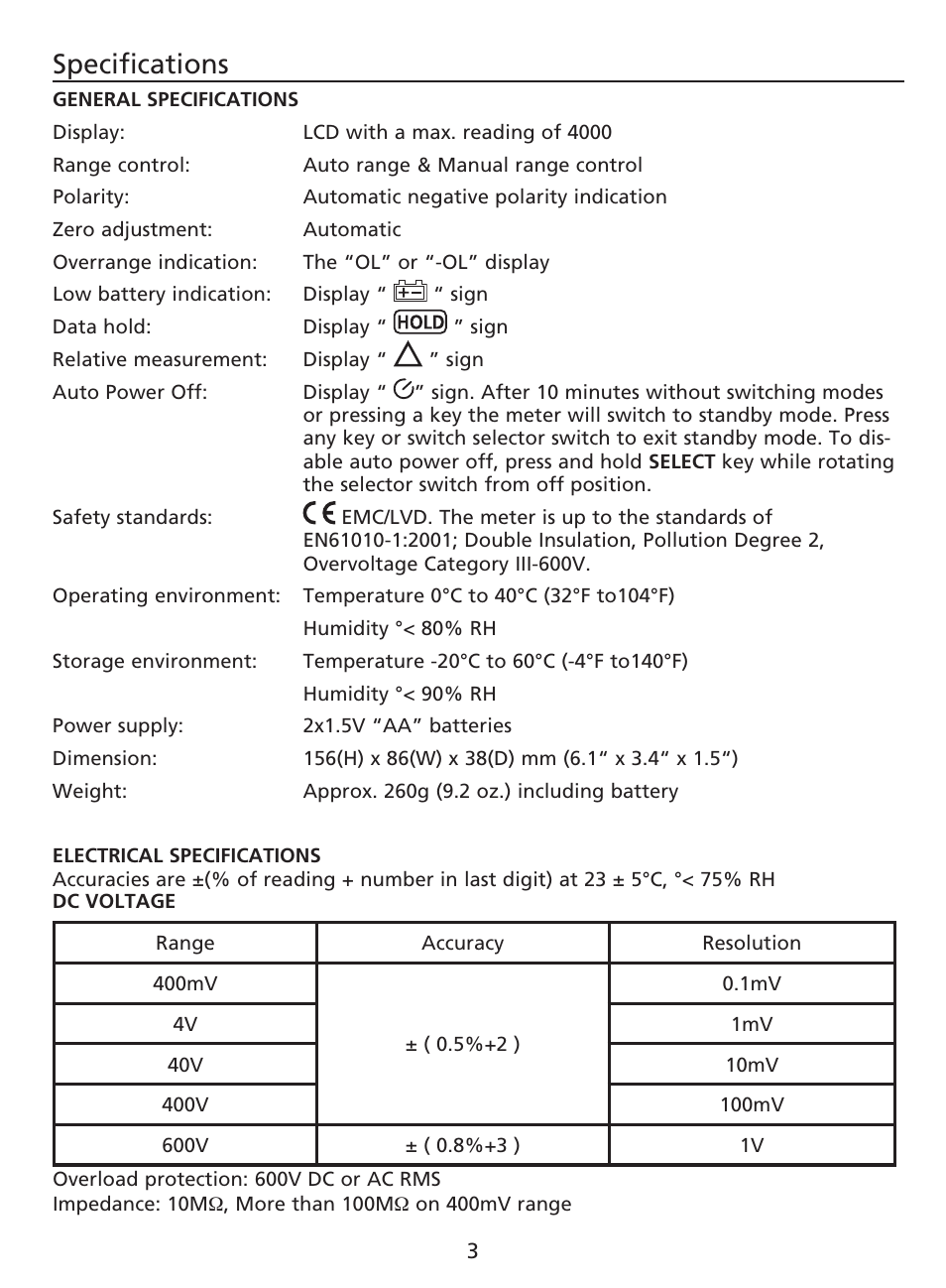 Specifications | Amprobe AM-220 Digital-Multimeters User Manual | Page 7 / 75