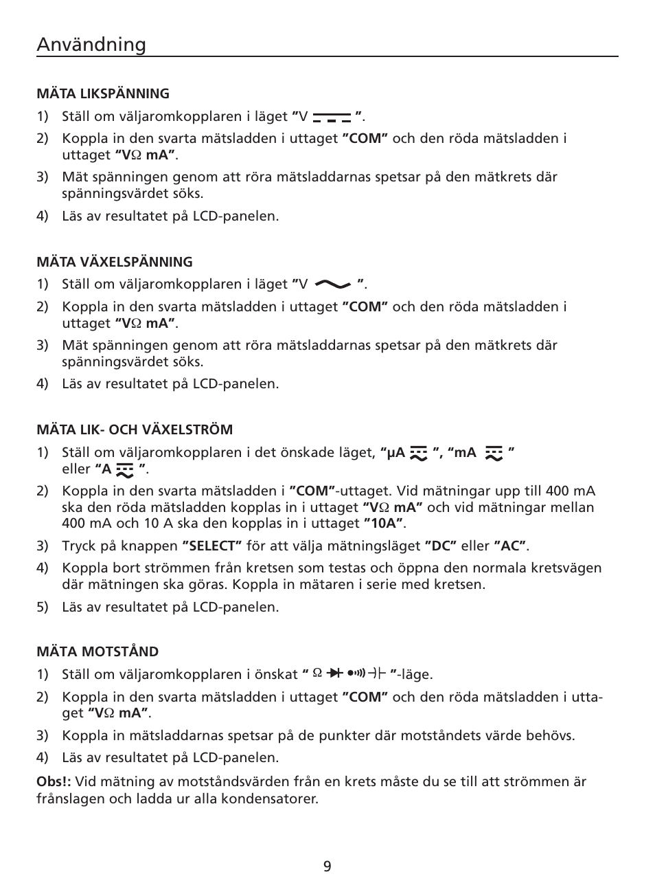 Användning | Amprobe AM-220 Digital-Multimeters User Manual | Page 71 / 75
